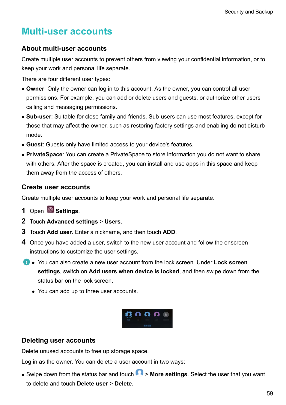 Multi-user accounts, About multi-user accounts, Create user accounts | Deleting user accounts | Huawei P10 User Manual | Page 65 / 158