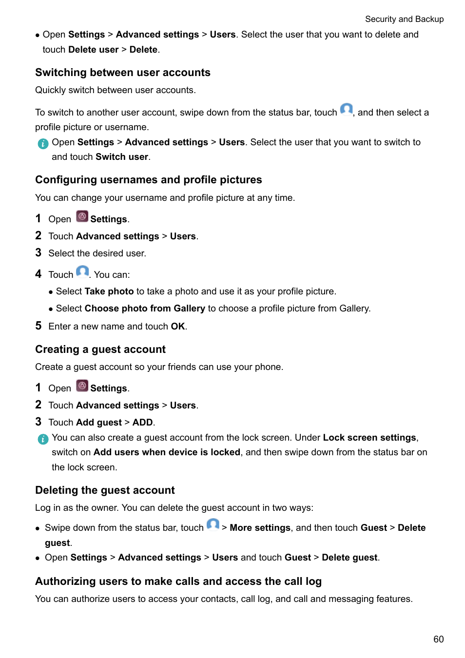 Switching between user accounts, Configuring usernames and profile pictures, Creating a guest account | Deleting the guest account | Huawei P10 User Manual | Page 66 / 158