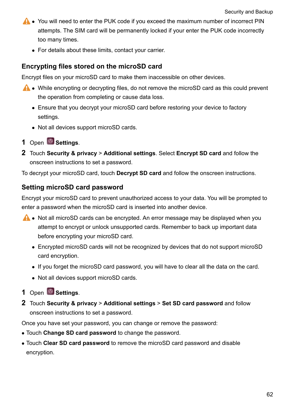 Encrypting files stored on the microsd card, Setting microsd card password | Huawei P10 User Manual | Page 68 / 158