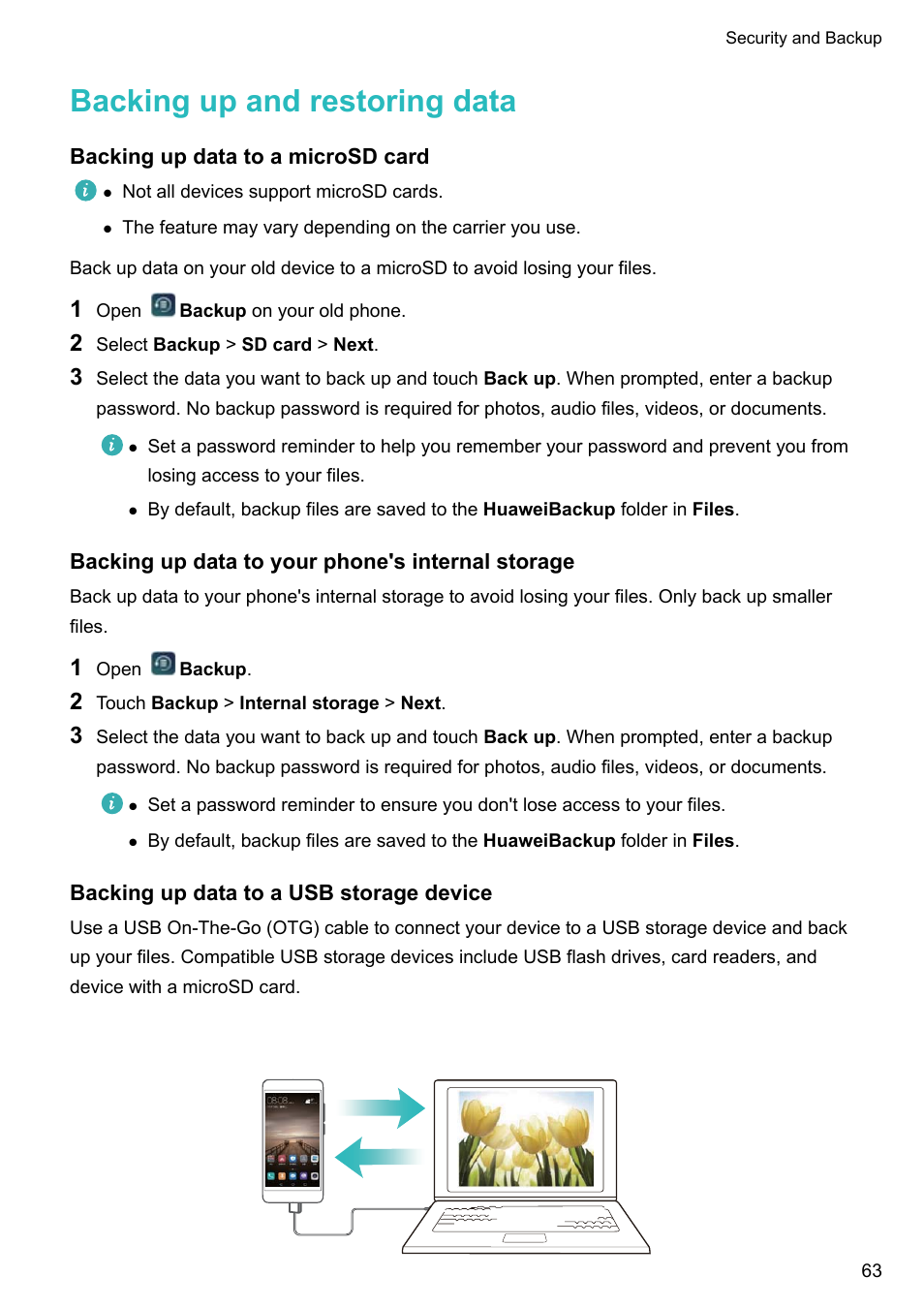 Backing up and restoring data, Backing up data to a microsd card, Backing up data to your phone's internal storage | Backing up data to a usb storage device | Huawei P10 User Manual | Page 69 / 158
