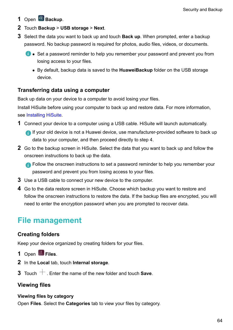 Transferring data using a computer, File management, Creating folders | Viewing files, Viewing files by category | Huawei P10 User Manual | Page 70 / 158