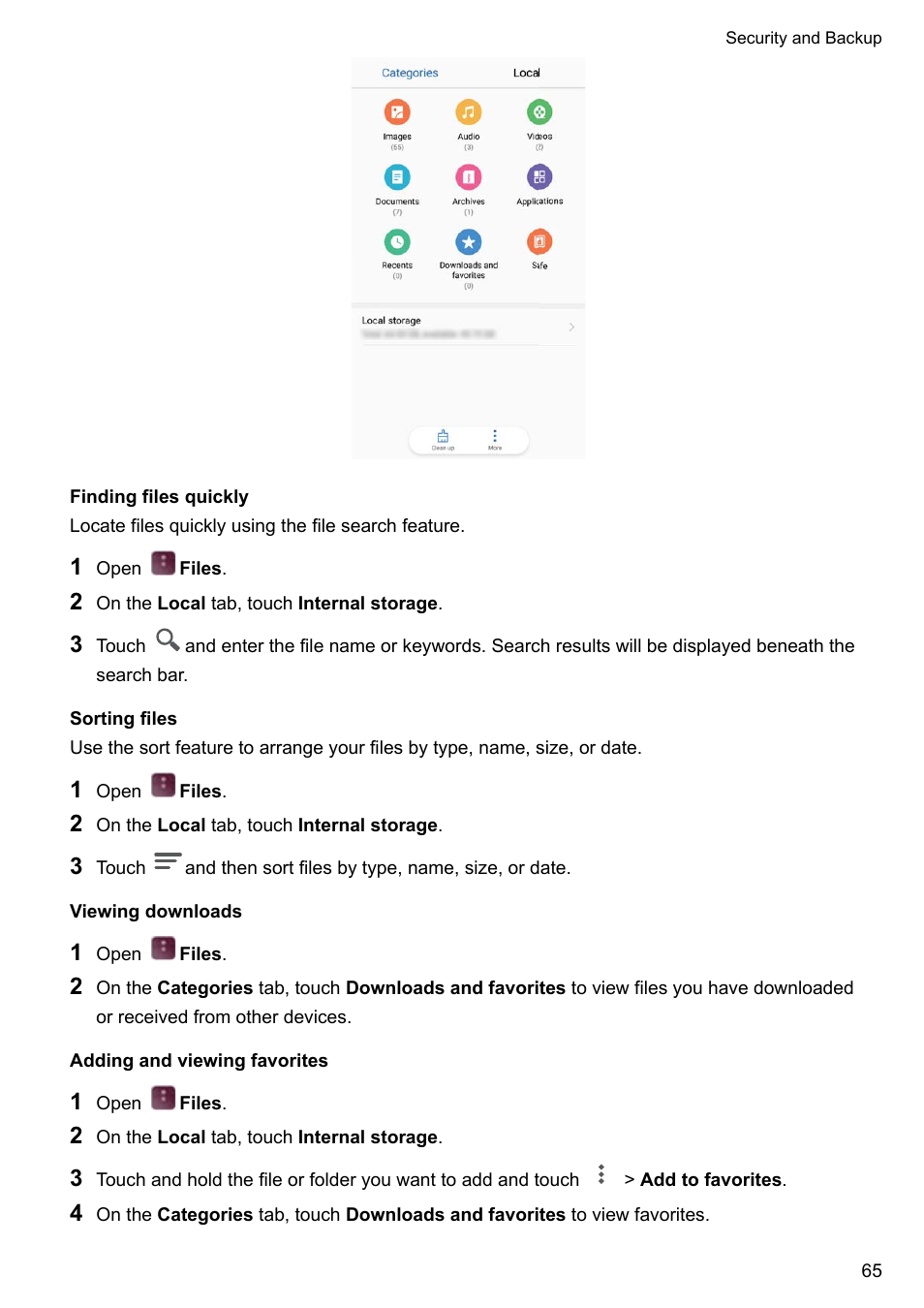 Finding files quickly, Sorting files, Viewing downloads | Adding and viewing favorites | Huawei P10 User Manual | Page 71 / 158