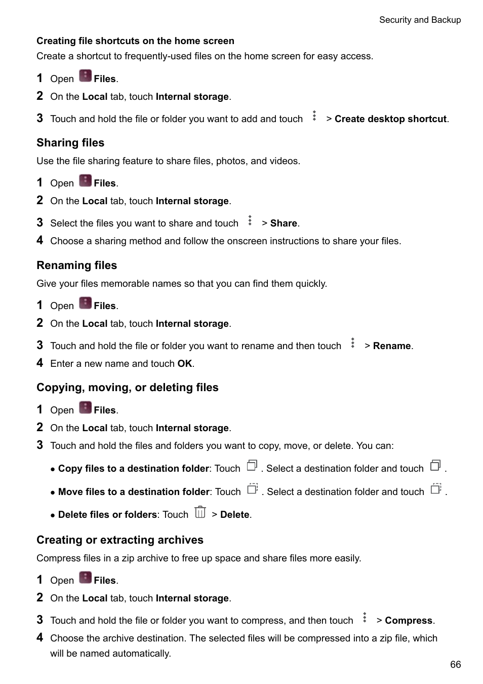 Creating file shortcuts on the home screen, Sharing files, Renaming files | Copying, moving, or deleting files, Creating or extracting archives | Huawei P10 User Manual | Page 72 / 158