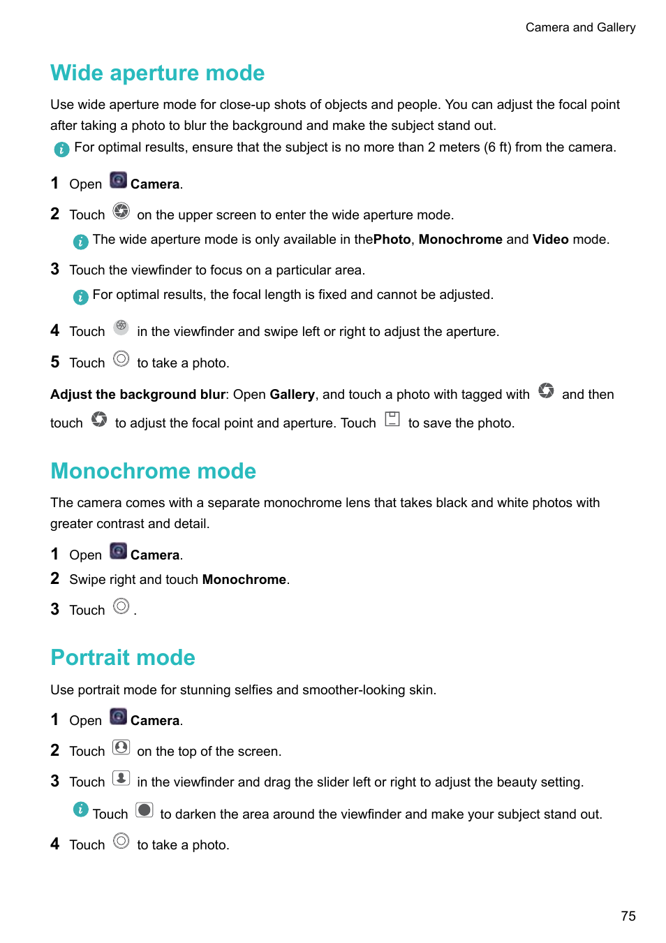 Wide aperture mode, Monochrome mode, Portrait mode | Huawei P10 User Manual | Page 81 / 158