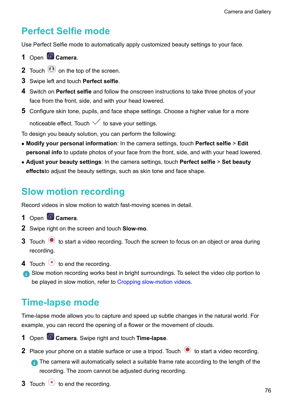 Perfect selfie mode, Slow motion recording, Time-lapse mode | Huawei P10 User Manual | Page 82 / 158