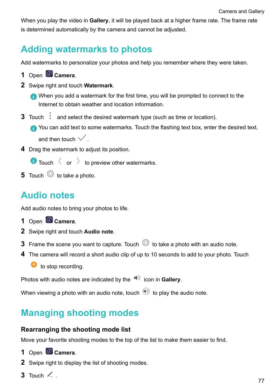 Adding watermarks to photos, Audio notes, Managing shooting modes | Rearranging the shooting mode list | Huawei P10 User Manual | Page 83 / 158