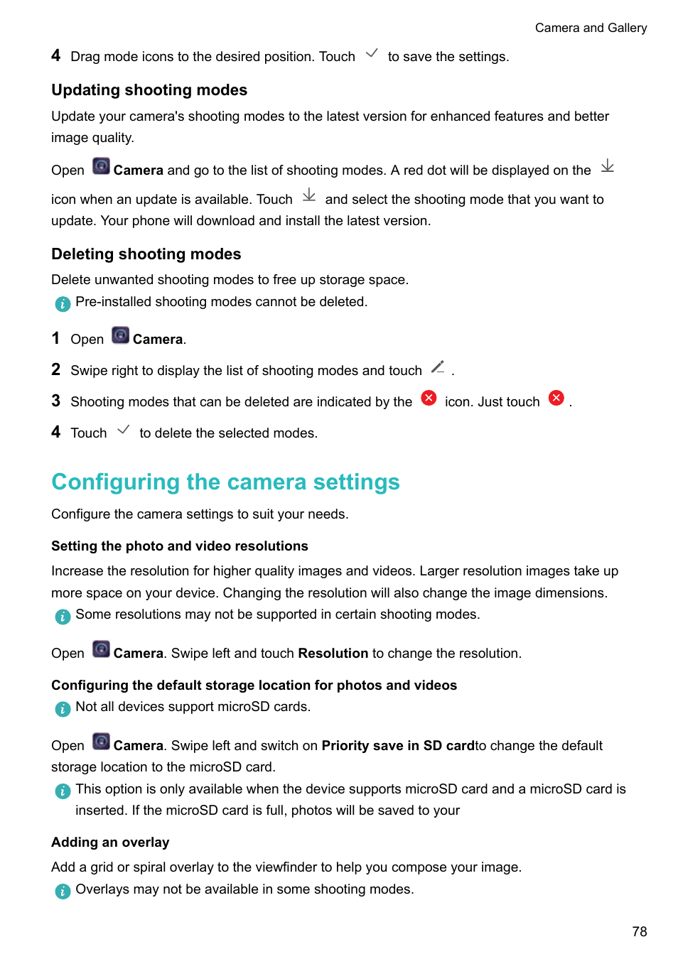 Updating shooting modes, Deleting shooting modes, Configuring the camera settings | Setting the photo and video resolutions, Adding an overlay | Huawei P10 User Manual | Page 84 / 158