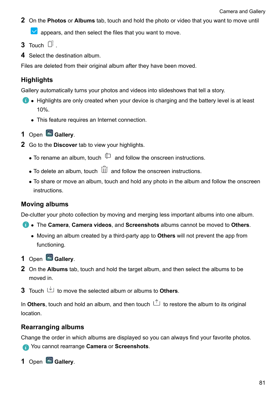 Highlights, Moving albums, Rearranging albums | Huawei P10 User Manual | Page 87 / 158