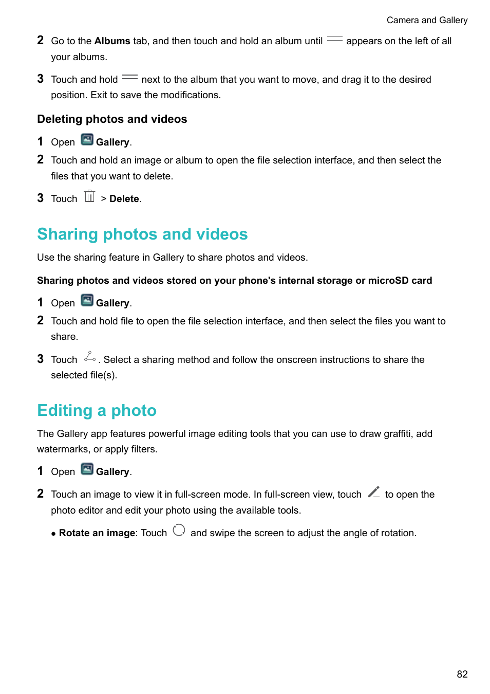 Deleting photos and videos, Sharing photos and videos, Editing a photo | Huawei P10 User Manual | Page 88 / 158