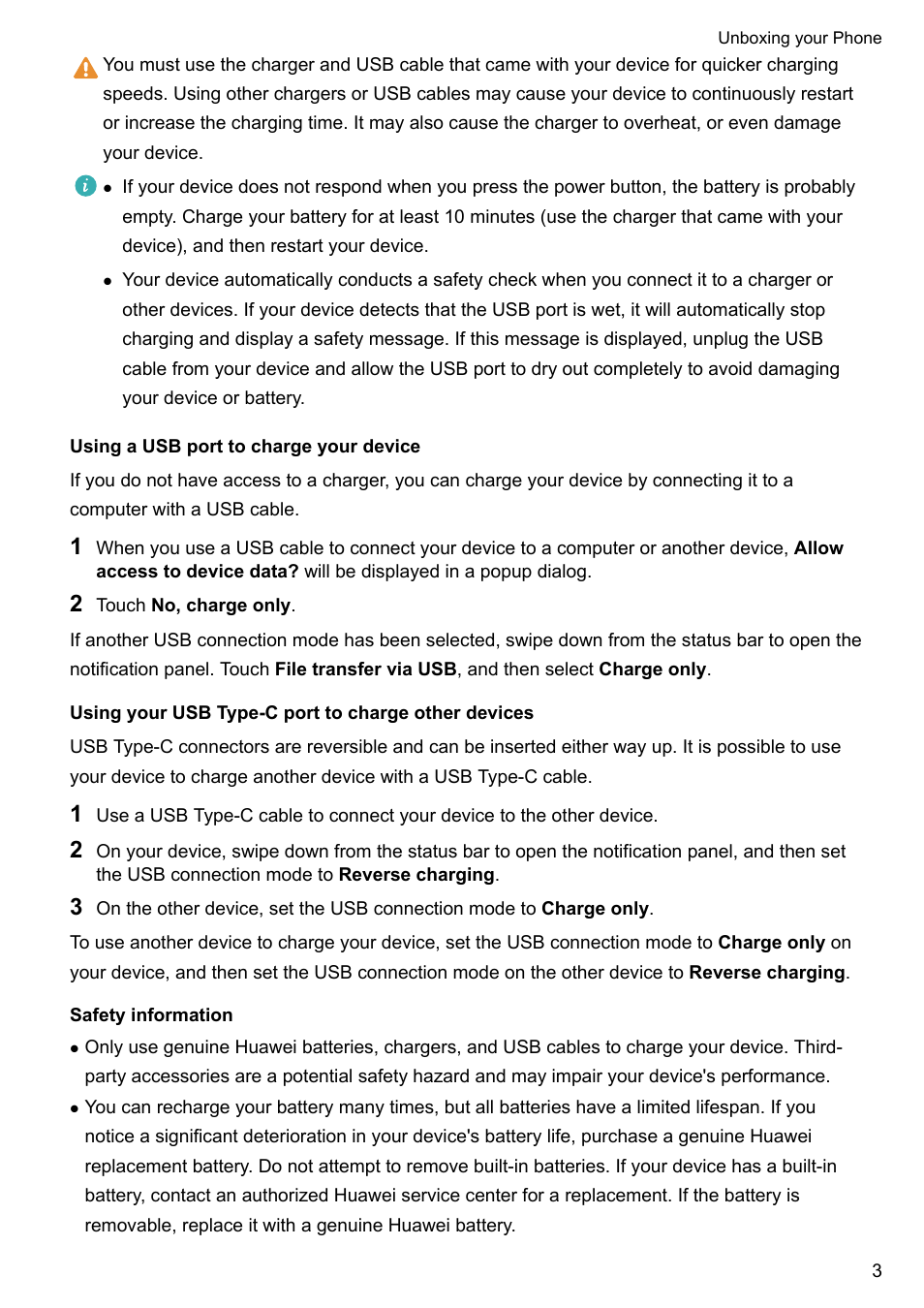 Using a usb port to charge your device, Using your usb type-c port to charge other devices, Safety information | Huawei P10 User Manual | Page 9 / 158