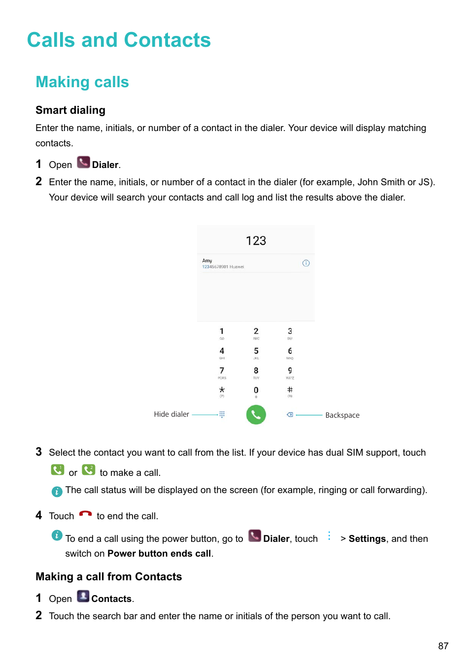 Calls and contacts, Making calls, Smart dialing | Making a call from contacts | Huawei P10 User Manual | Page 93 / 158