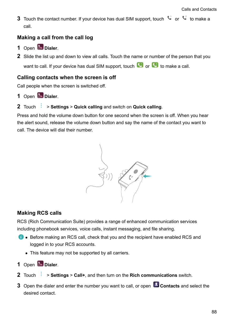 Making a call from the call log, Calling contacts when the screen is off, Making rcs calls | Huawei P10 User Manual | Page 94 / 158