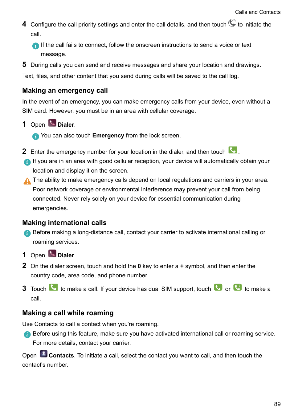 Making an emergency call, Making international calls, Making a call while roaming | Huawei P10 User Manual | Page 95 / 158