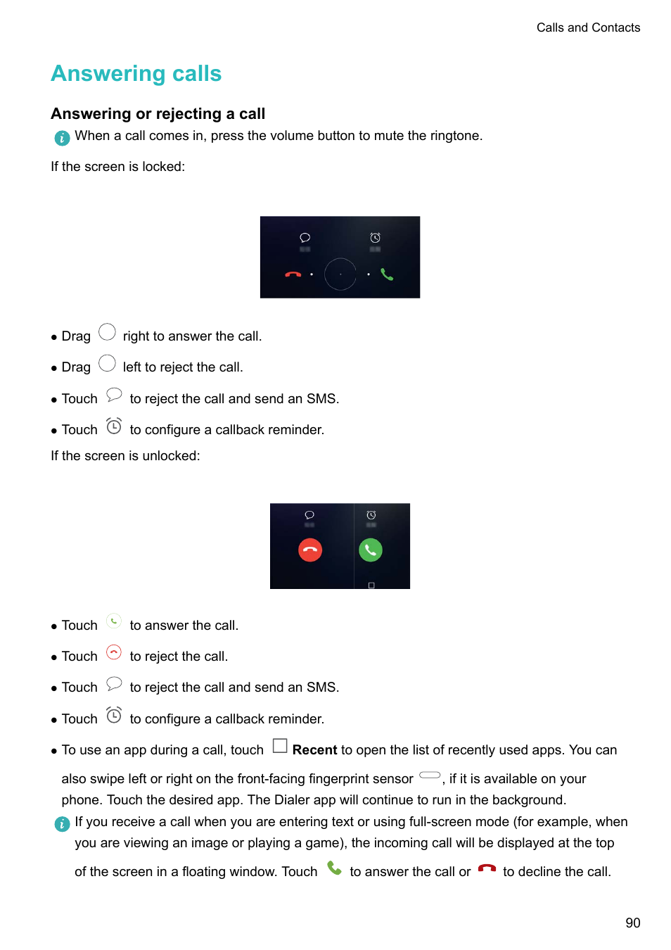 Answering calls, Answering or rejecting a call | Huawei P10 User Manual | Page 96 / 158