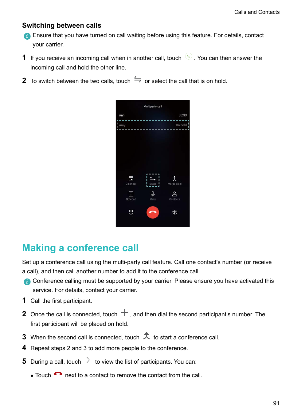 Switching between calls, Making a conference call | Huawei P10 User Manual | Page 97 / 158