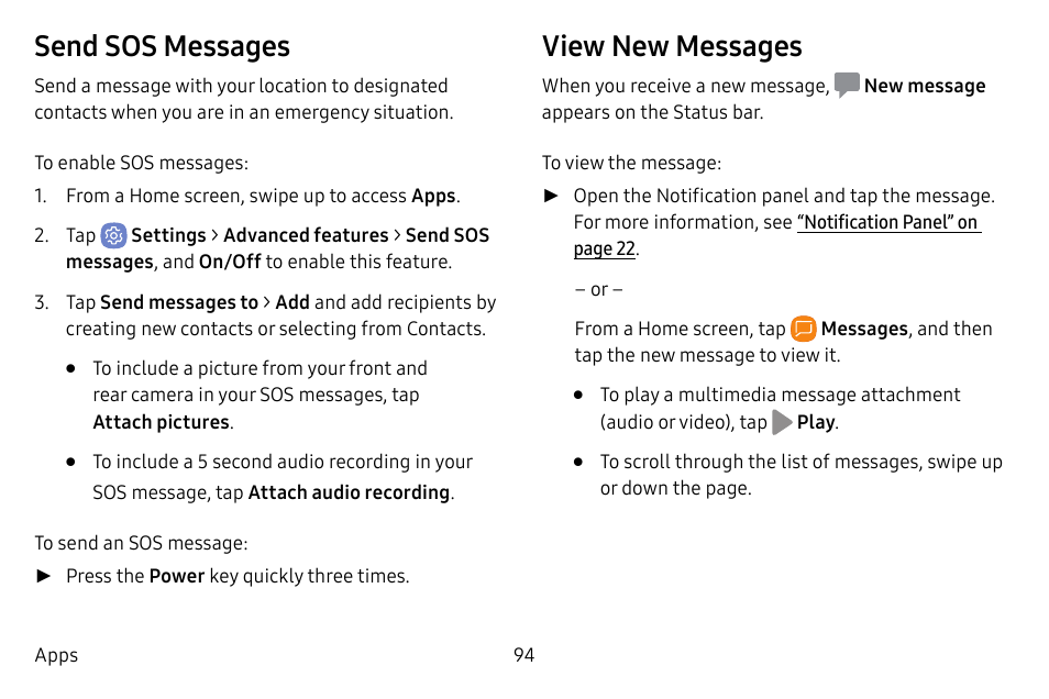 Send sos messages, View new messages | Samsung Galaxy S8 User Manual | Page 101 / 213