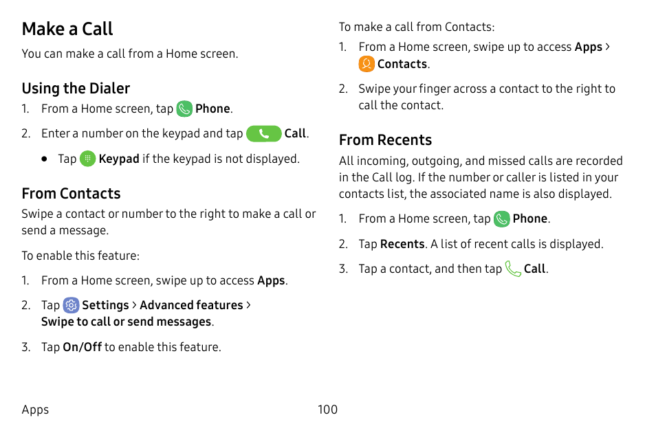 Make a call, Using the dialer | Samsung Galaxy S8 User Manual | Page 107 / 213