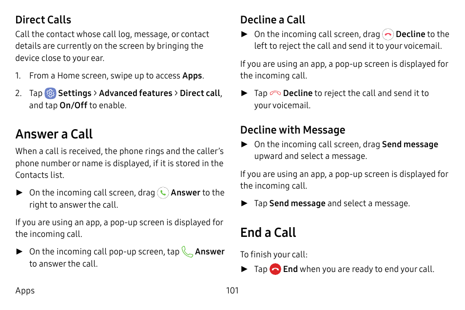 Answer a call, End a call, Direct calls | Decline a call, Decline with message | Samsung Galaxy S8 User Manual | Page 108 / 213