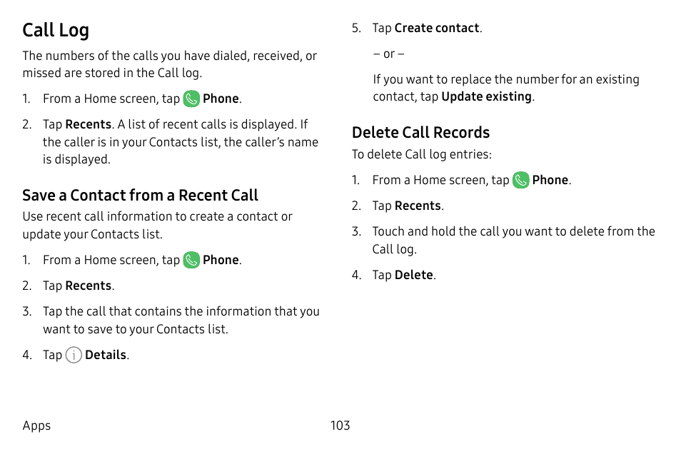 Call log, Save a contact from a recent call, Delete call records | Samsung Galaxy S8 User Manual | Page 110 / 213