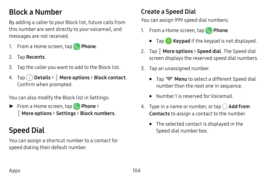 Block a number, Speed dial | Samsung Galaxy S8 User Manual | Page 111 / 213