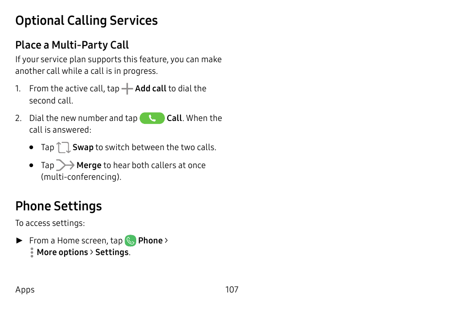 Optional calling services, Phone settings | Samsung Galaxy S8 User Manual | Page 114 / 213