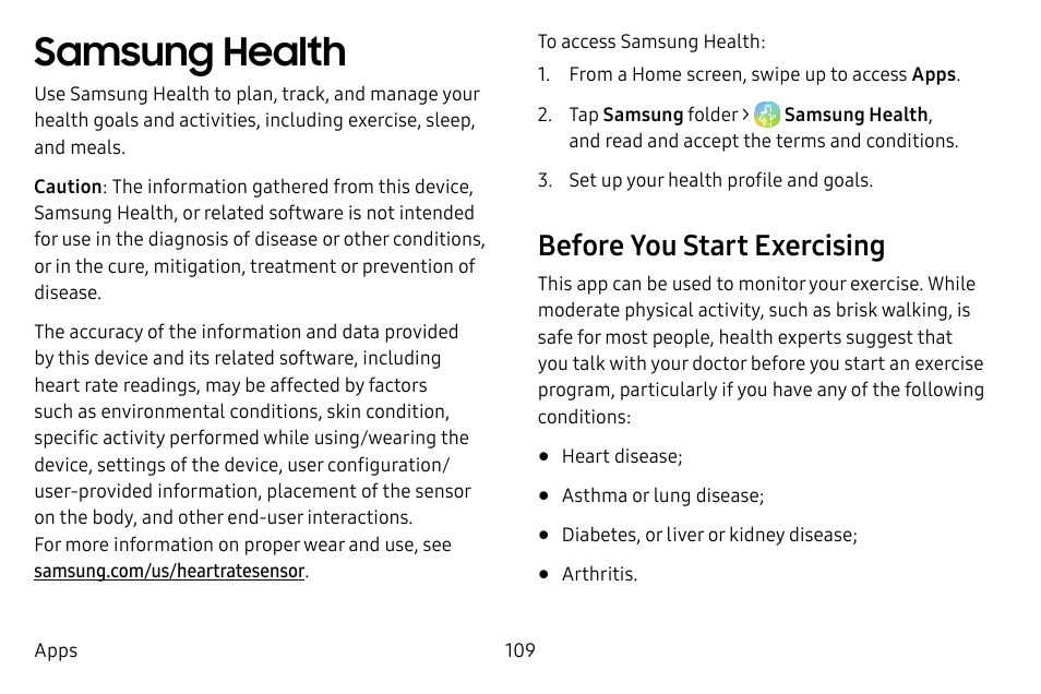 Samsung health, Before you start exercising | Samsung Galaxy S8 User Manual | Page 116 / 213