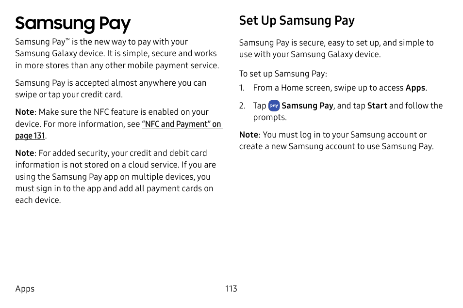 Samsung pay, Set up samsung pay | Samsung Galaxy S8 User Manual | Page 120 / 213