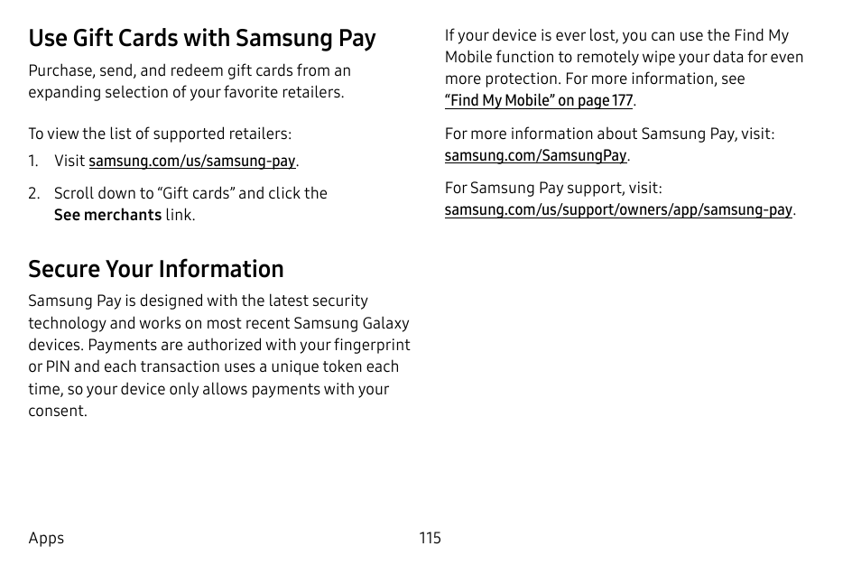 Use gift cards with samsung pay, Secure your information | Samsung Galaxy S8 User Manual | Page 122 / 213