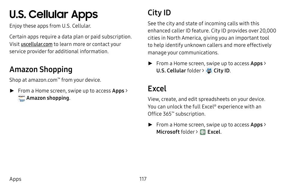 U.s. cellular apps, U .s . cellular apps, Amazon shopping | City id, Excel | Samsung Galaxy S8 User Manual | Page 124 / 213