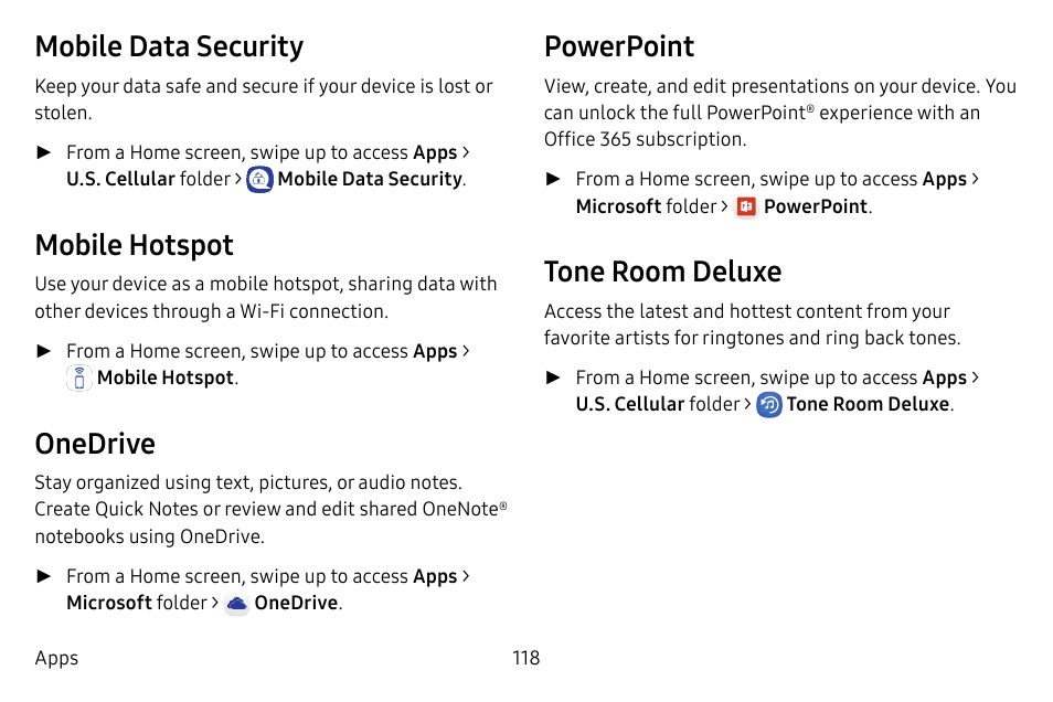 Mobile data security, Mobile hotspot, Onedrive | Powerpoint, Tone room deluxe | Samsung Galaxy S8 User Manual | Page 125 / 213