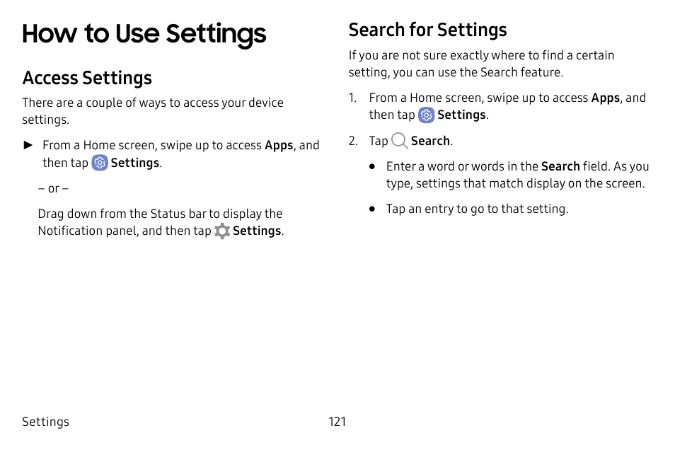 How to use settings, Access settings, Search for settings | Samsung Galaxy S8 User Manual | Page 128 / 213