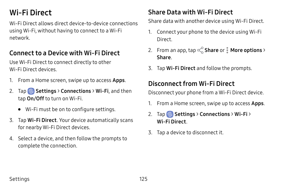 Wi‑fi direct, Connect to a device with wi‑fi direct, Share data with wi‑fi direct | Disconnect from wi‑fi direct | Samsung Galaxy S8 User Manual | Page 132 / 213