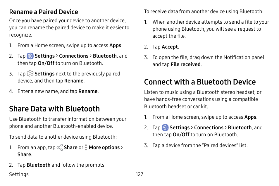 Share data with bluetooth, Connect with a bluetooth device, Rename a paired device | Samsung Galaxy S8 User Manual | Page 134 / 213