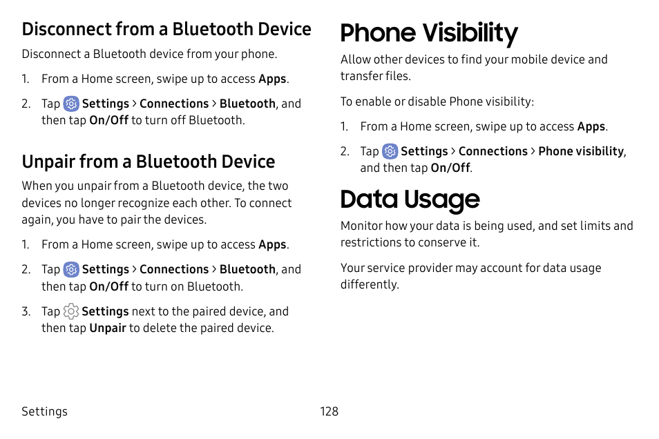 Phone visibility, Data usage, Disconnect from a bluetooth device | Unpair from a bluetooth device | Samsung Galaxy S8 User Manual | Page 135 / 213