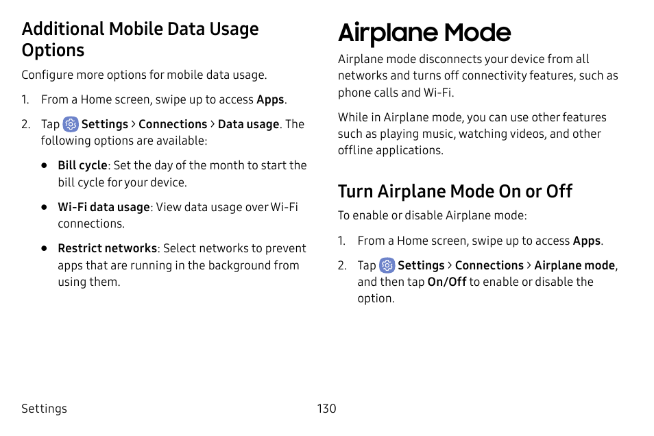 Airplane mode, Additional mobile data usage options, Turn airplane mode on or off | Samsung Galaxy S8 User Manual | Page 137 / 213