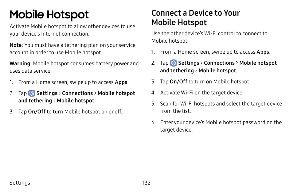 Mobile hotspot, Connect a device to your mobile hotspot | Samsung Galaxy S8 User Manual | Page 139 / 213