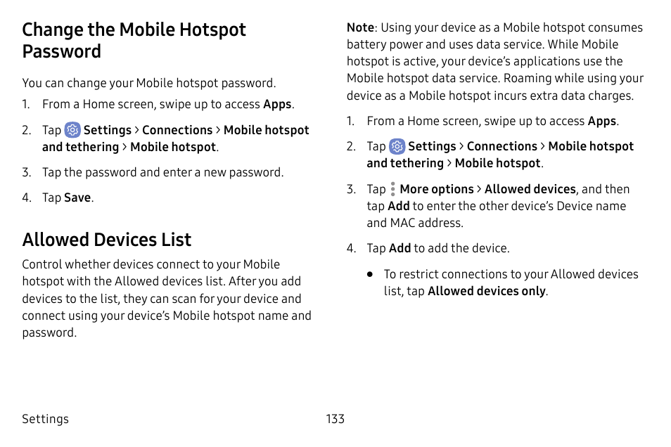 Change the mobile hotspot password, Allowed devices list | Samsung Galaxy S8 User Manual | Page 140 / 213