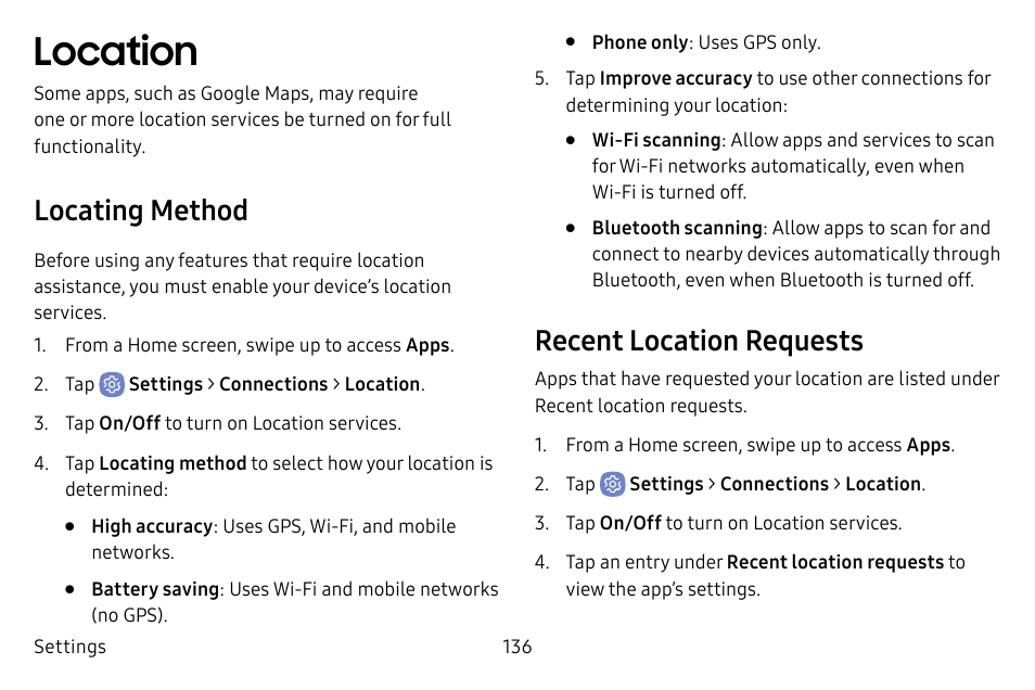 Location, Locating method, Recent location requests | Samsung Galaxy S8 User Manual | Page 143 / 213