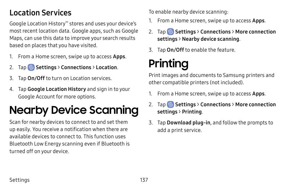 Nearby device scanning, Printing, Location services | Samsung Galaxy S8 User Manual | Page 144 / 213