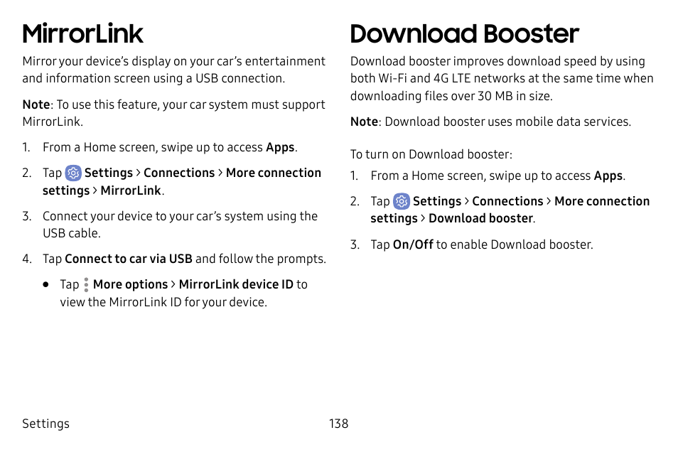 Mirrorlink, Download booster | Samsung Galaxy S8 User Manual | Page 145 / 213