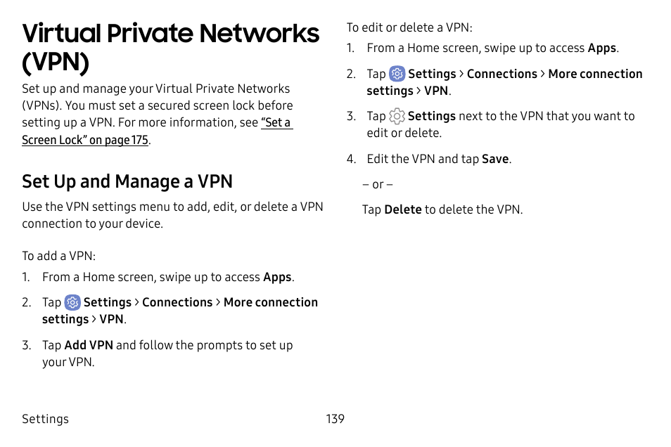 Virtual private networks (vpn), Set up and manage a vpn | Samsung Galaxy S8 User Manual | Page 146 / 213