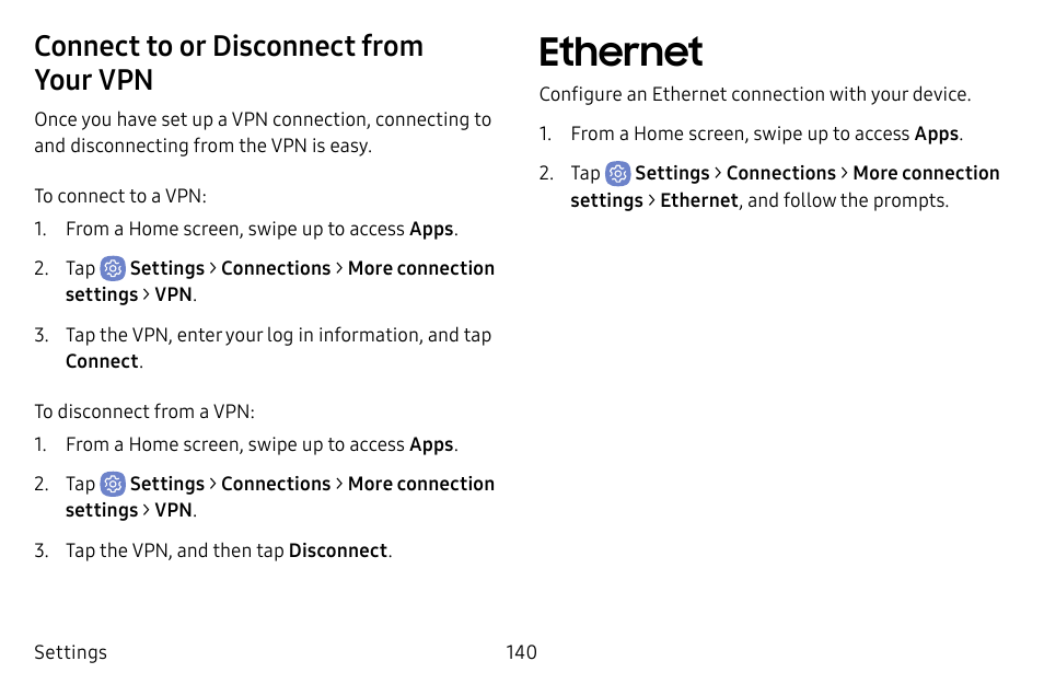 Ethernet, Connect to or disconnect from your vpn | Samsung Galaxy S8 User Manual | Page 147 / 213