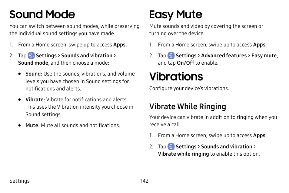 Sound mode, Easy mute, Vibrations | Vibrate while ringing | Samsung Galaxy S8 User Manual | Page 149 / 213