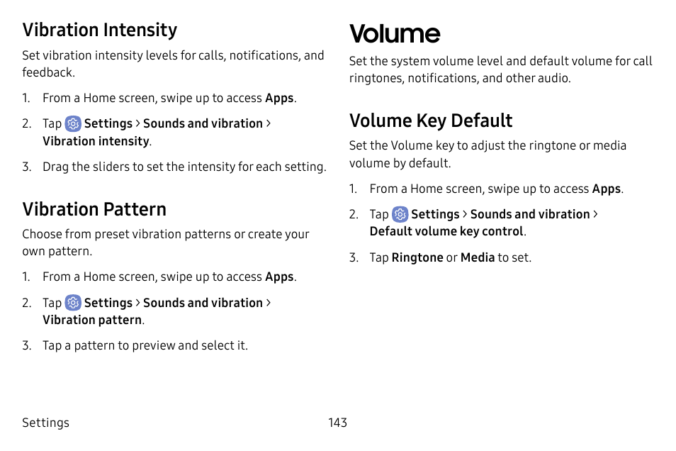 Volume, Vibration intensity, Vibration pattern | Volume key default | Samsung Galaxy S8 User Manual | Page 150 / 213