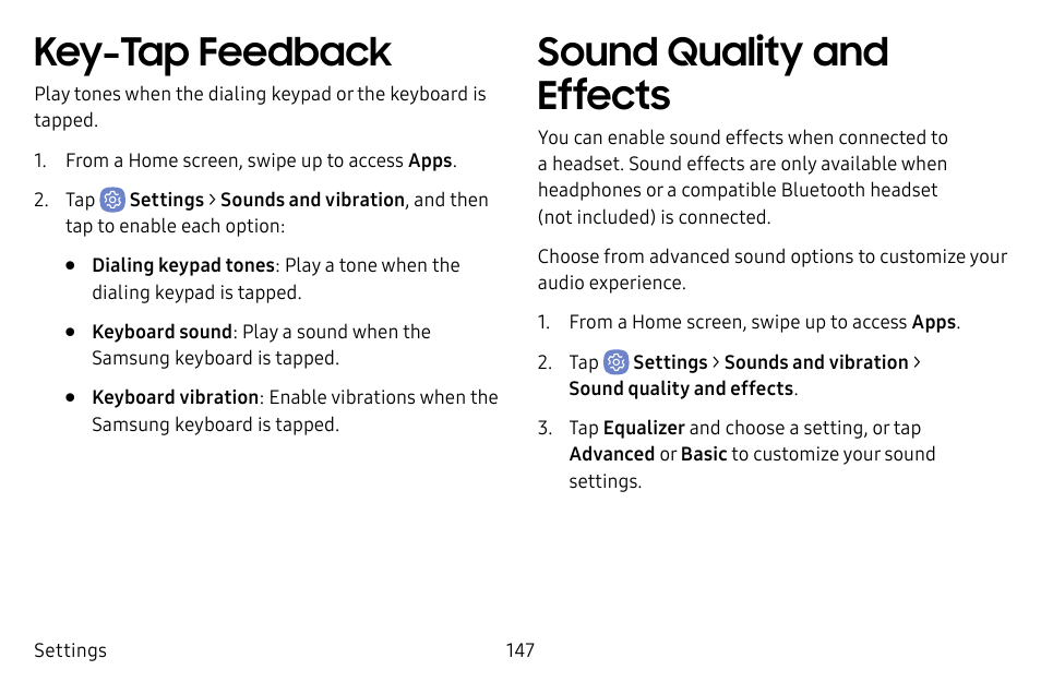 Key-tap feedback, Sound quality and effects | Samsung Galaxy S8 User Manual | Page 154 / 213