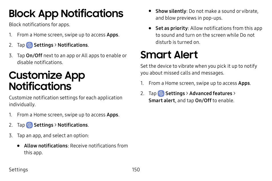 Block app notifications, Customize app notifications, Smart alert | Samsung Galaxy S8 User Manual | Page 157 / 213