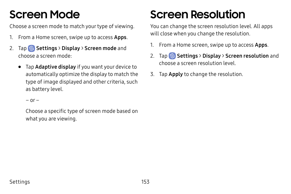 Screen mode, Screen resolution | Samsung Galaxy S8 User Manual | Page 160 / 213