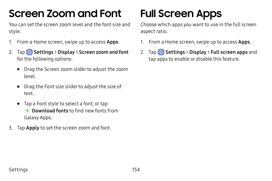 Screen zoom and font, Full screen apps | Samsung Galaxy S8 User Manual | Page 161 / 213