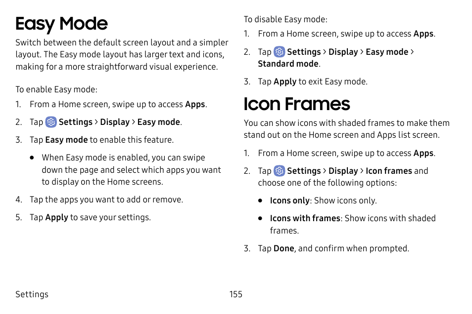 Easy mode, Icon frames | Samsung Galaxy S8 User Manual | Page 162 / 213