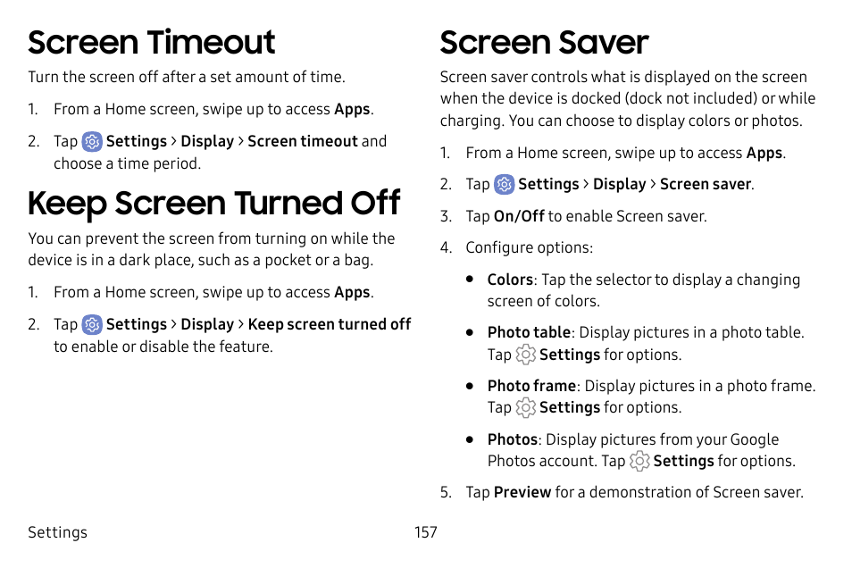 Screen timeout, Keep screen turned off, Screen saver | Samsung Galaxy S8 User Manual | Page 164 / 213